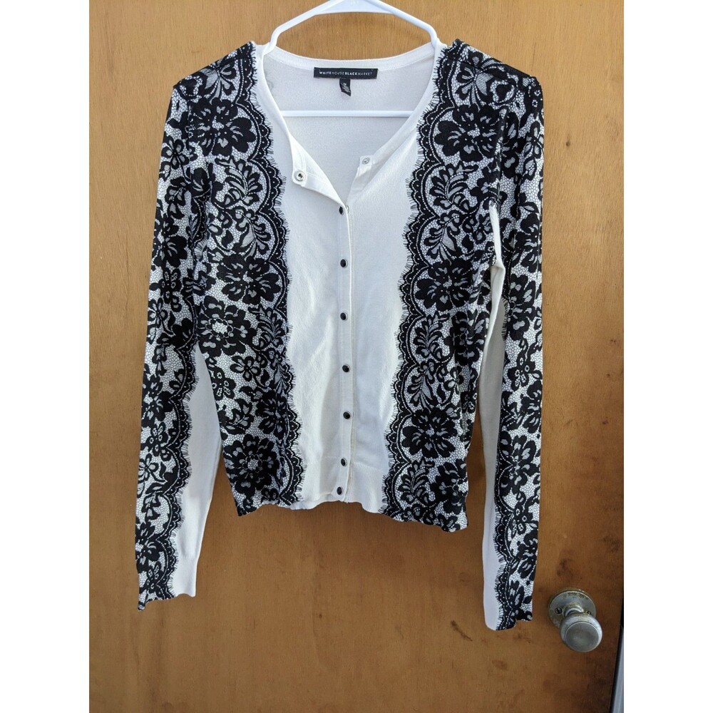 White House Black Market Women's Black and White Lace Print Cardigan Size Medium